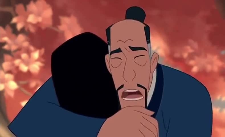 Fa Zhou embracing Mulan, showing relief and love, from Disney&#x27;s Mulan