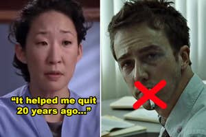 Collage of two TV characters, one in medical attire, and another looking distressed with a quote about quitting a habit