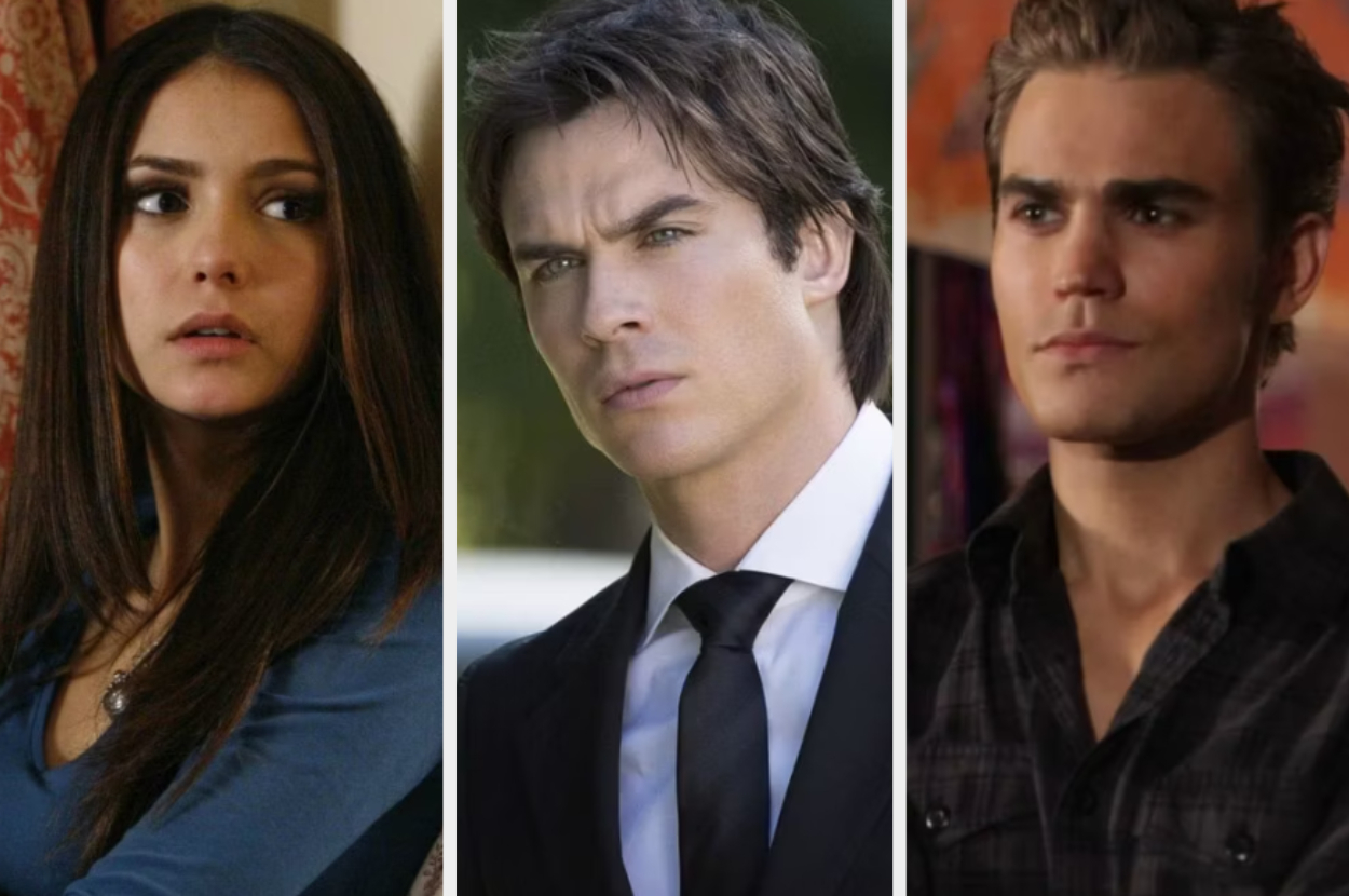 Three characters from a TV show, a woman on the left and two men on the right, dressed in casual and formal attire respectively