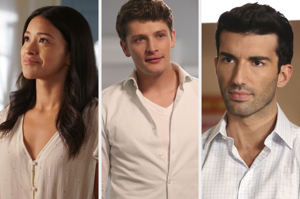 Three TV characters: a woman in a blouse, a man in a T-shirt, and a man in a buttoned shirt