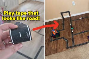 L: kids play tape that looks like an asphalt road R: the tape stuck to a floor so it looks like a race track