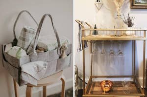 Two images: Left shows a felt storage basket on a chair, right displays a bar cart with glassware and a copper bowl