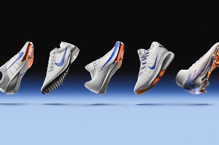 Five various sneakers floating against a blue background, showcasing different designs and sole patterns