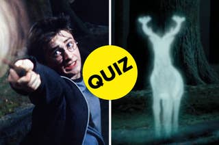 Harry Potter with his wand and the Patronus Charm being cast, next to a 'QUIZ' label