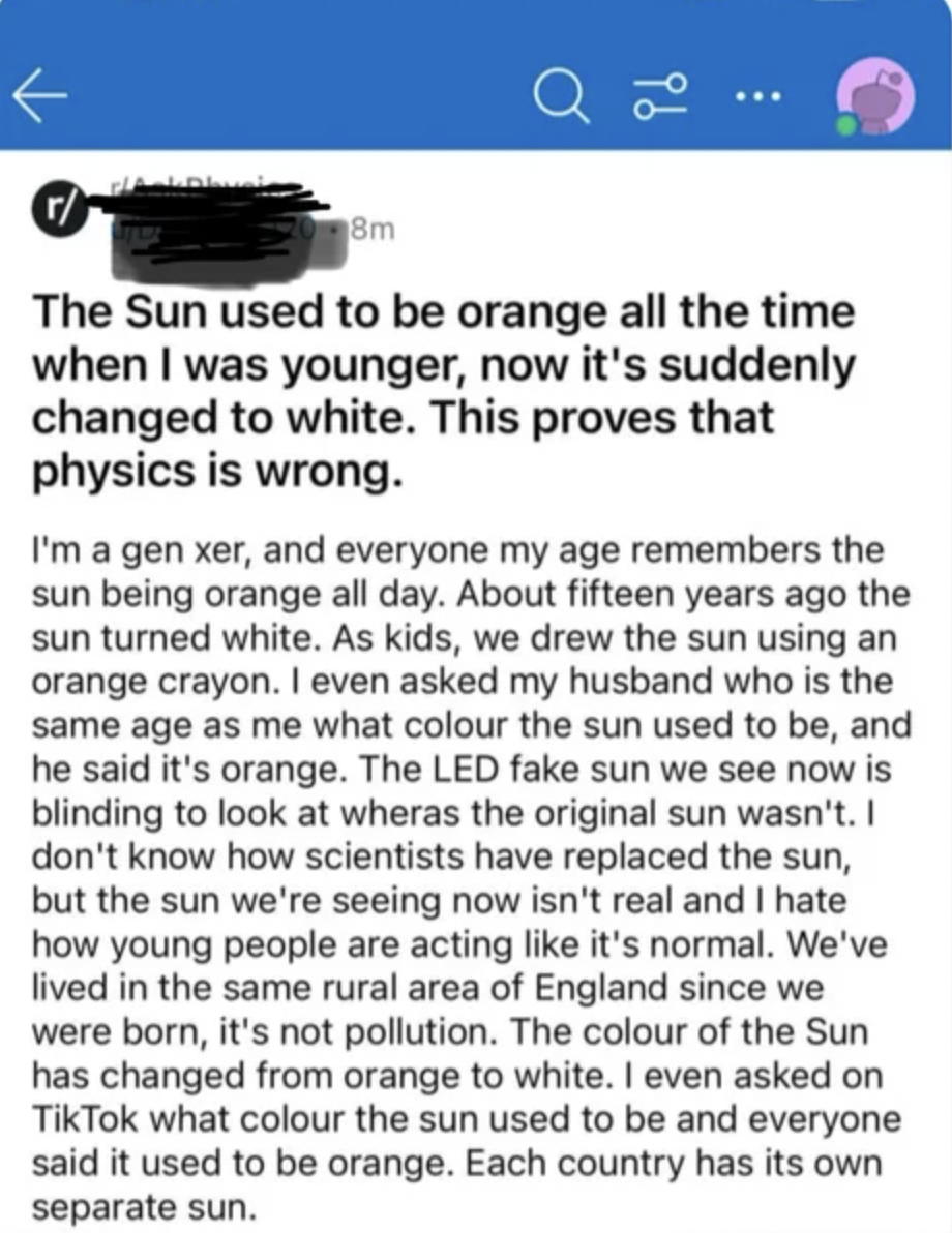 Text from a social media post claiming the sun has changed color from orange to white due to pollution and not the sun itself