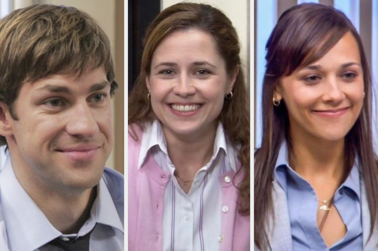 Three characters from "The Office" smiling, from left to right: Jim Halpert, Pam Beesly, and Karen Filippelli