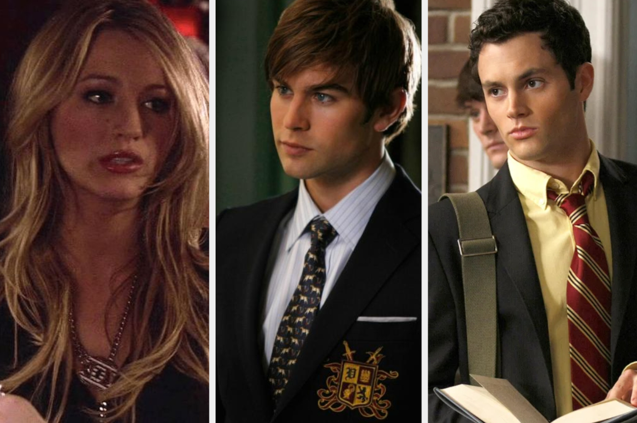 Three separate shots of Serena, Nate, and Dan from "Gossip Girl" in character attire