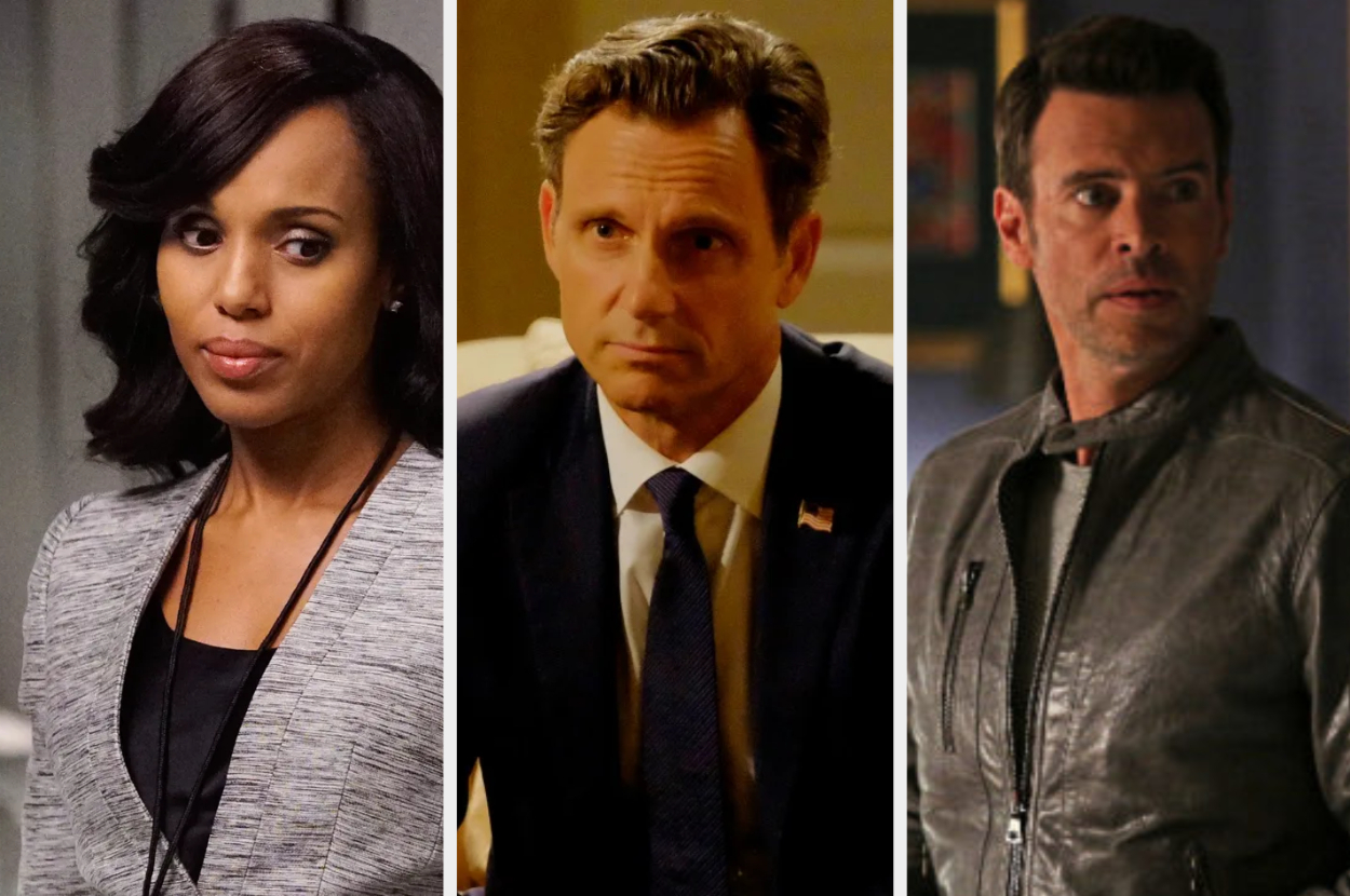 Three characters from a TV show: a woman in professional attire, and two men, one in a suit, the other in a leather jacket