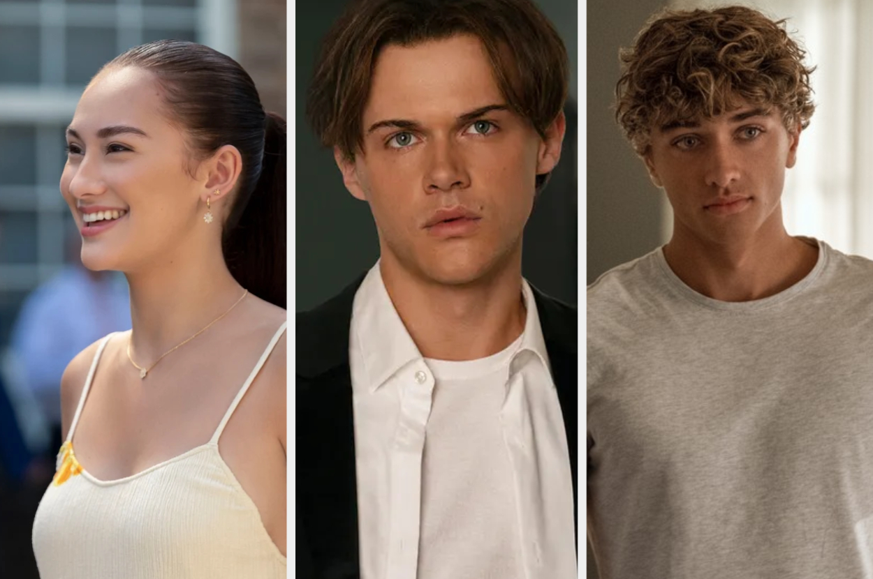 Three TV series characters: woman in white top, man in suit, and man in casual tee