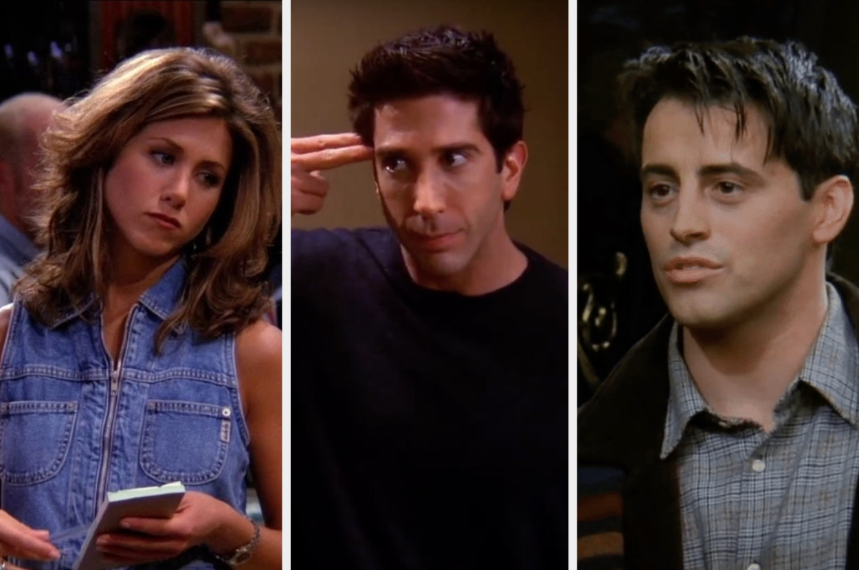 Three characters from the TV show Friends: Rachel in a denim vest, Ross gesturing to his forehead, and Joey in a plaid shirt