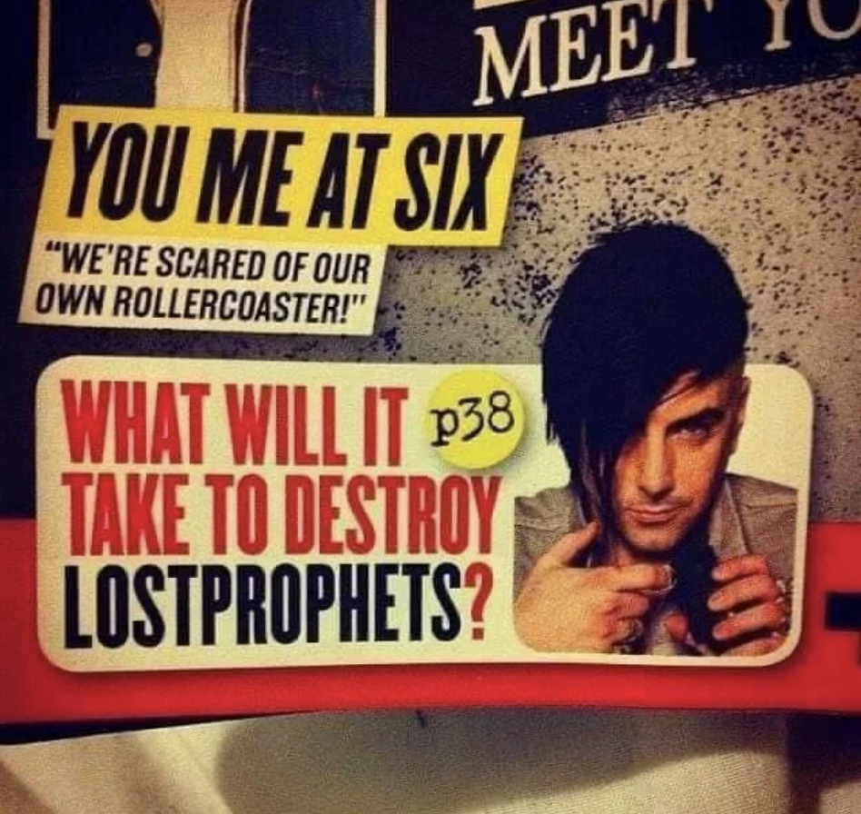 Magazine cover with bold headlines discussing the band Lostprophets and their fear of their own rollercoaster