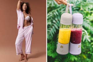 Two images side-by-side; left shows a woman in dotted loungewear, right displays portable blenders with smoothies