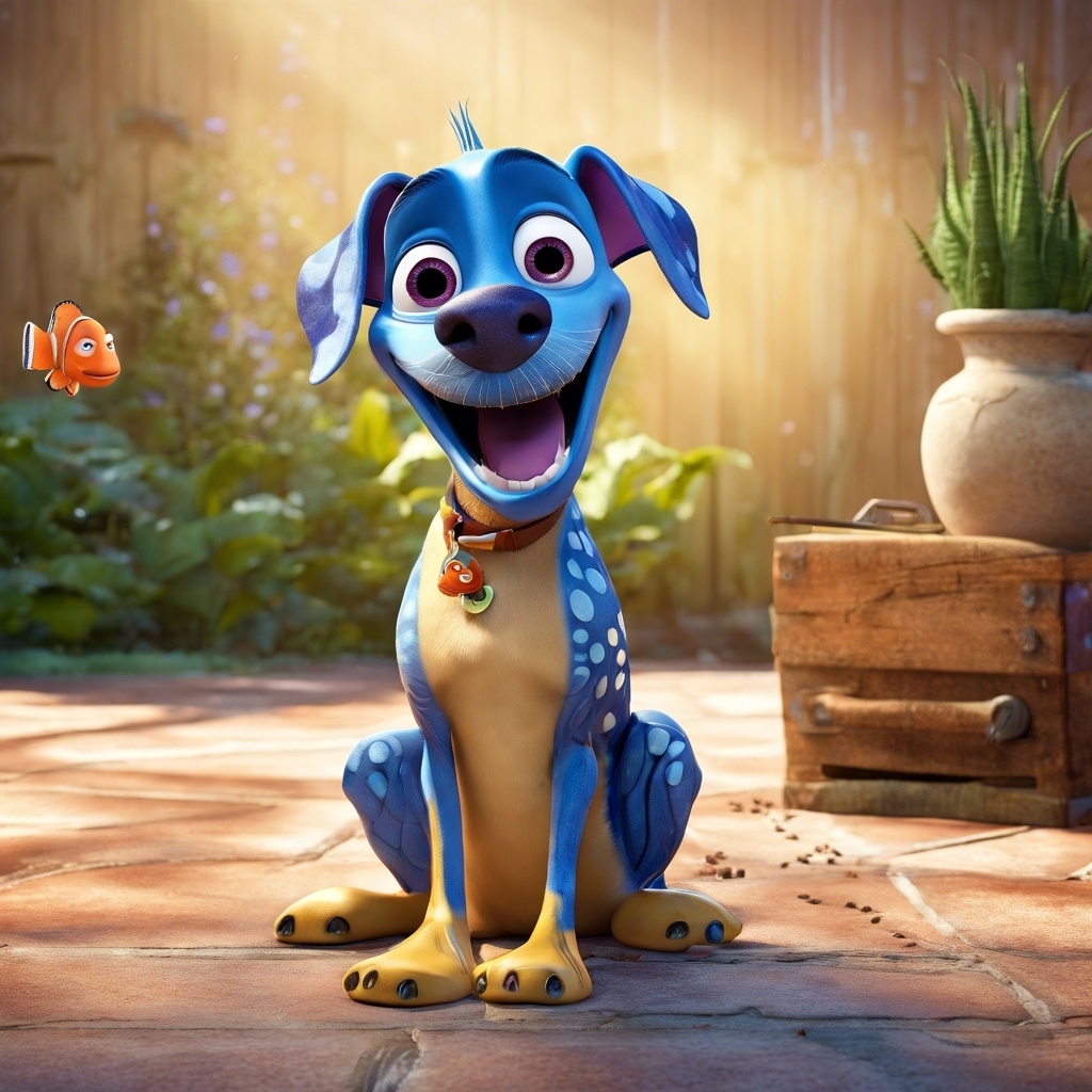 3D Ai-generated animated Dory from Finding Nemo as a dog with a fish pendant, smiling in a sunny garden setting