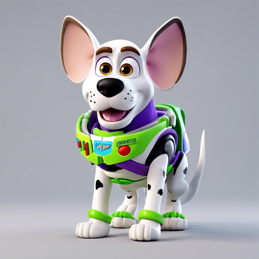 A 3D AI rendering of a dog in a Buzz Lightyear costume from Toy Story