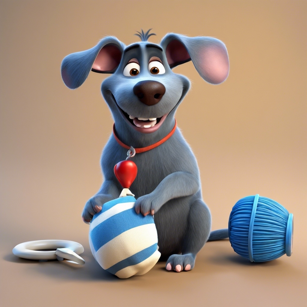 3D AI-generated character, Remy from &quot;Ratatouille&quot; as dog with a ball and yarn