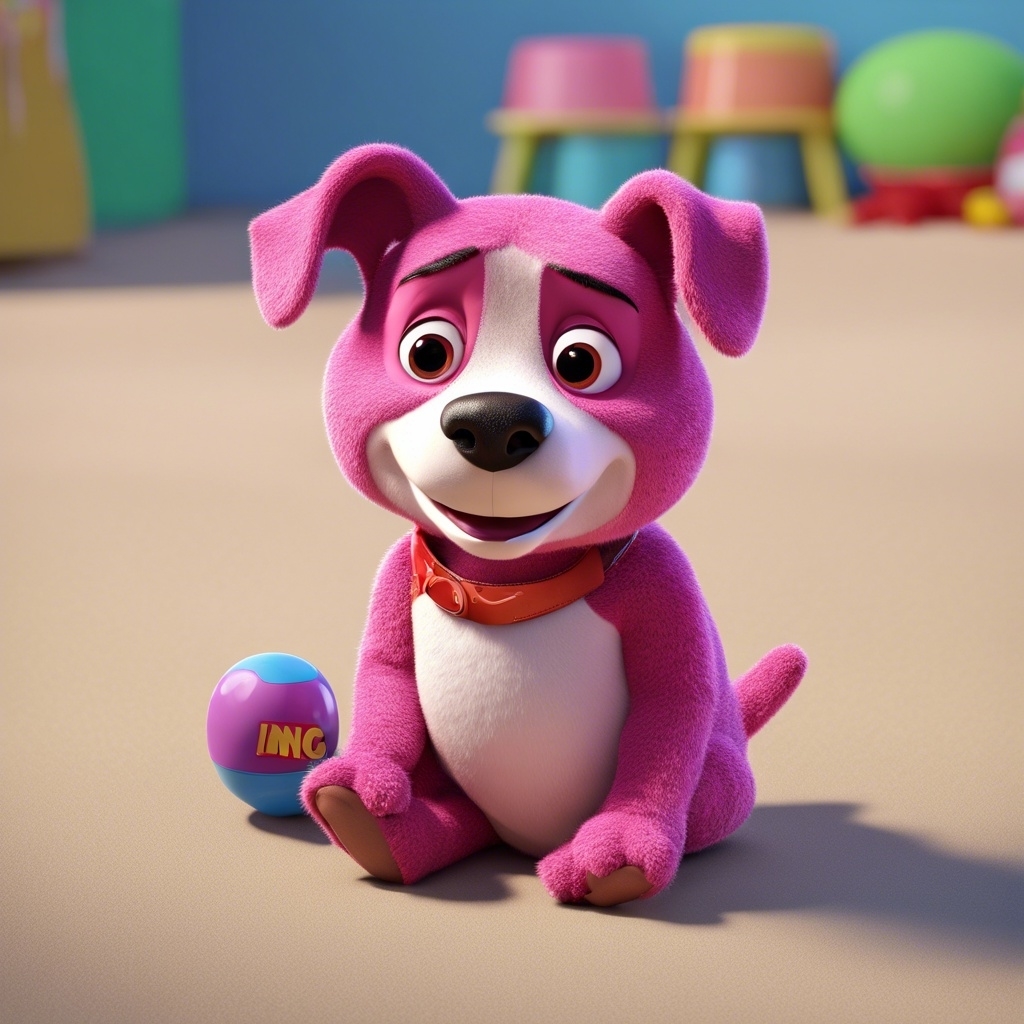 3d AI-generated image of Lotso from &quot;Toy Story&quot; in dog form, sitting next to a ball