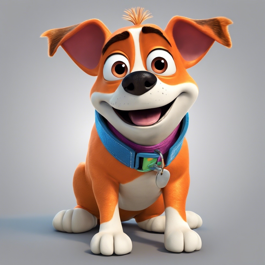 3D-animated AI generated smiling dog character inspired by Disney&#x27;s Nemo, wearing a collar