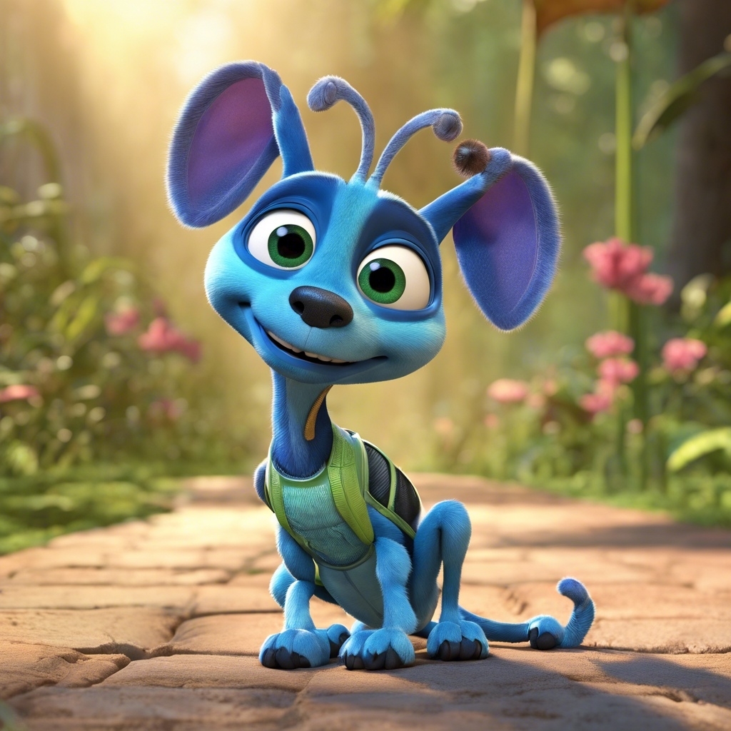 3d AI-generated image of Flik from Bug&#x27;s Life as a dog with a backpack, smiling on a sunny path