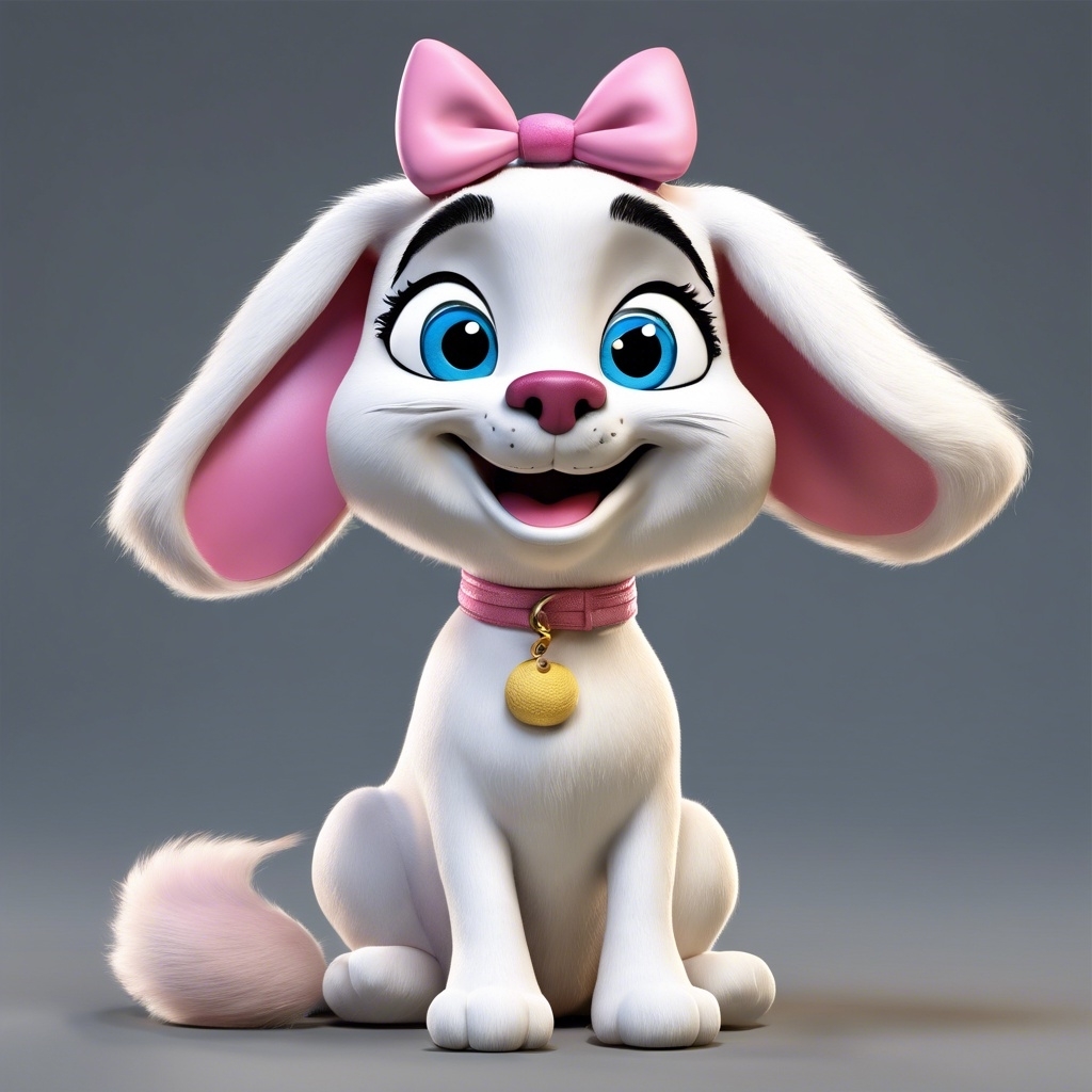 3D AI-generated Marie from The Aristocats as a dog with a pink bow and collar, radiating a cheerful vibe