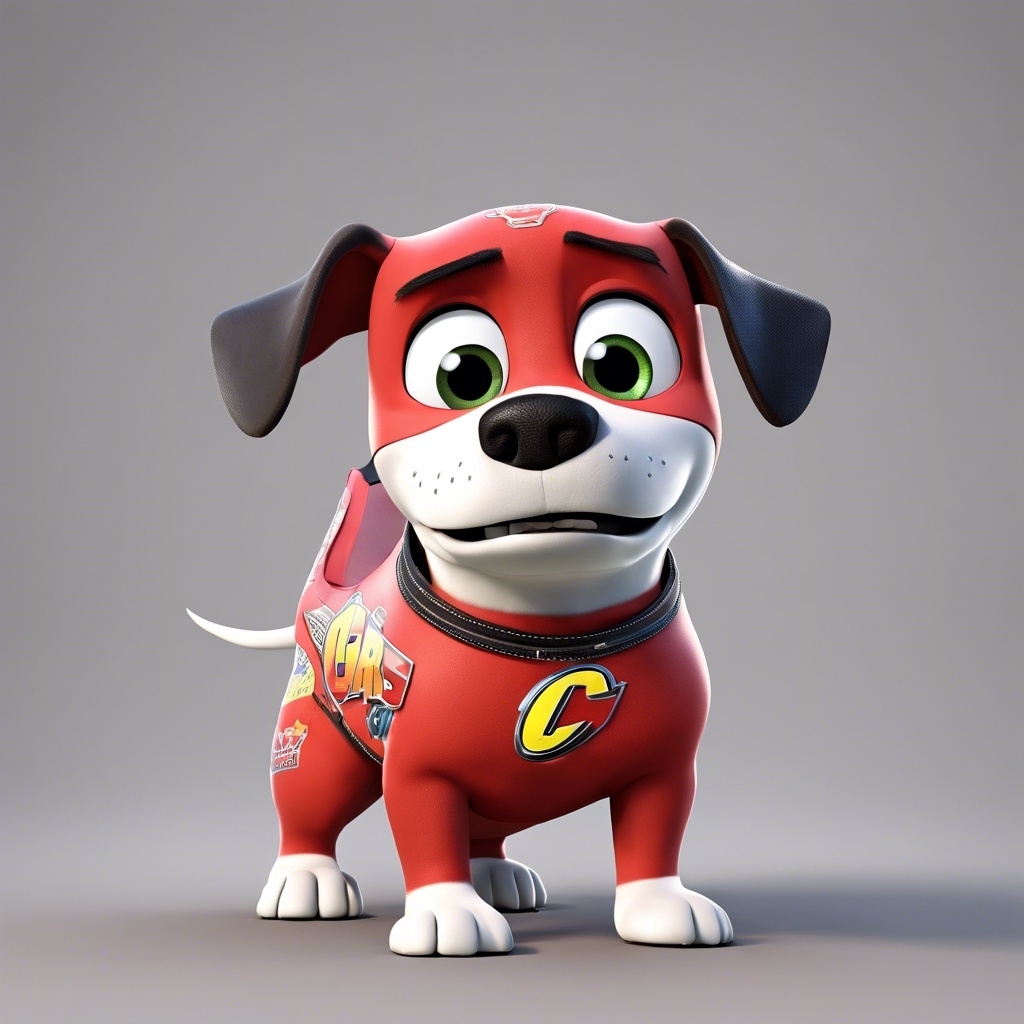Animated character of a dog dressed as Lightning McQueen from Disney&#x27;s &quot;Cars,&quot; with a &quot;C&quot; emblem on his chest, standing and smiling