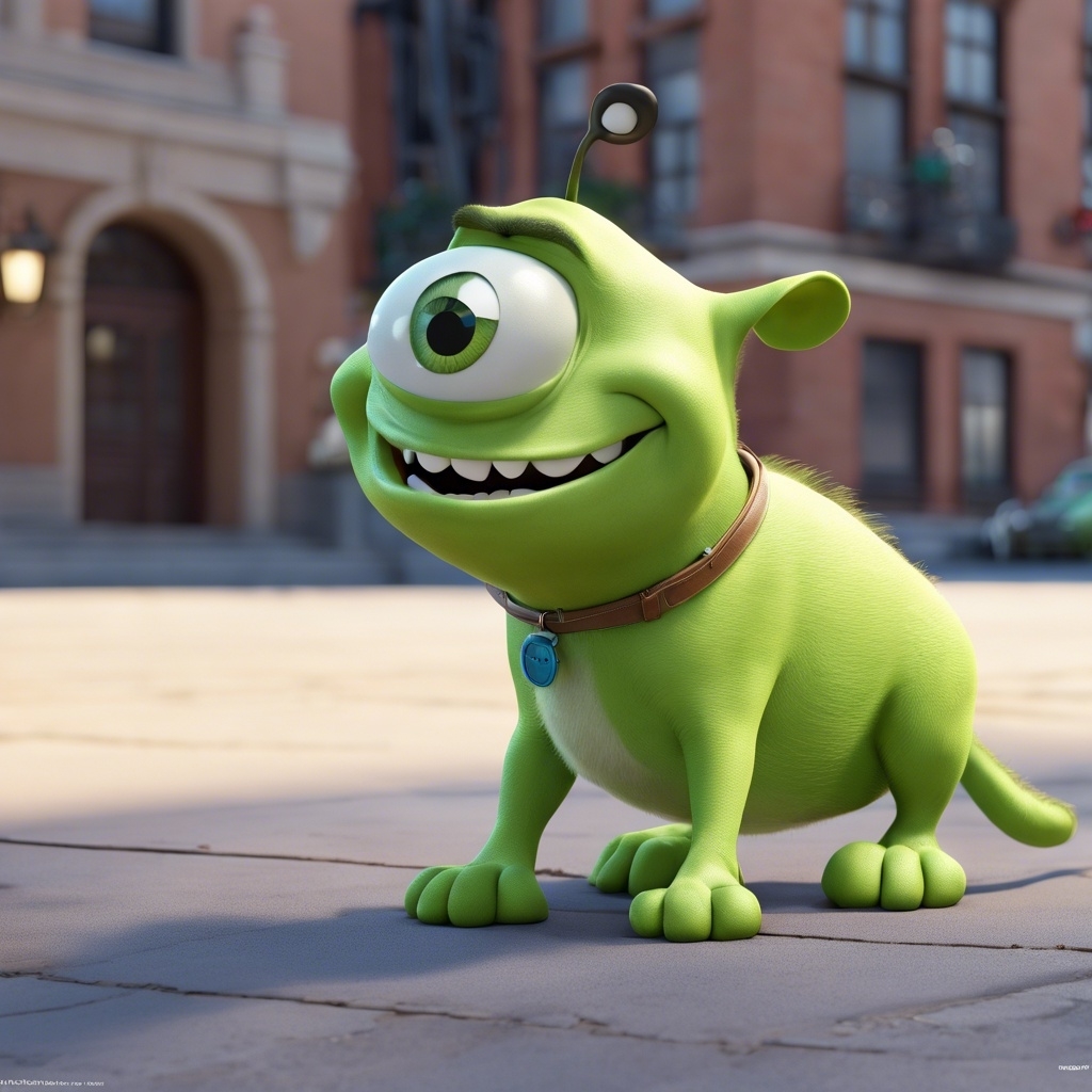 Mike Wazowski, a fictional animated character from the movie &quot;Monsters, Inc.,&quot; in dog form and standing on a street