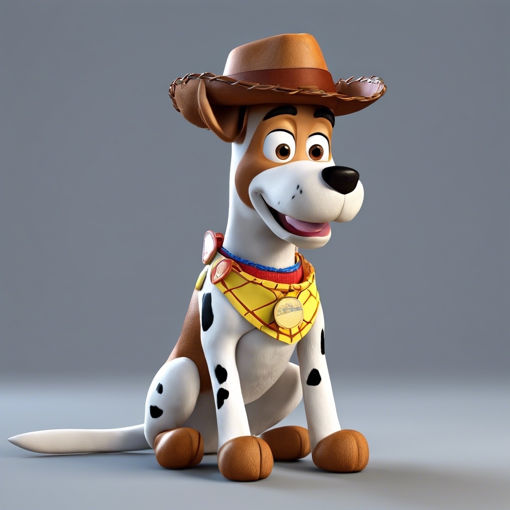 AI generated 3d image of Woody as a dog, sitting, wearing a cowboy hat and sheriff badge