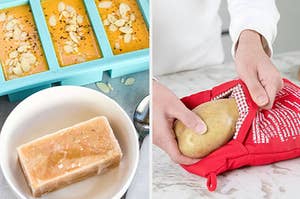 frozen souper cube; model slipping a potato into a microwave cooker bag