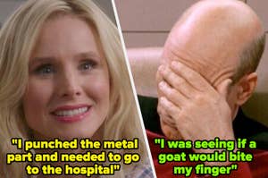 Split-screen image of two TV characters with humorous fictional quotes about injuries