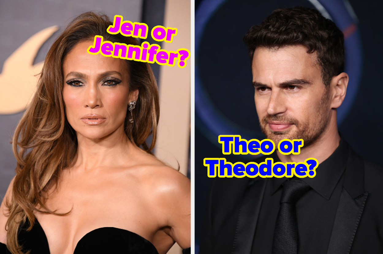 Two side-by-side portraits, a woman on the left and a man on the right, with text "Jen or Jennifer?" and "Theo or Theodore?" respectively