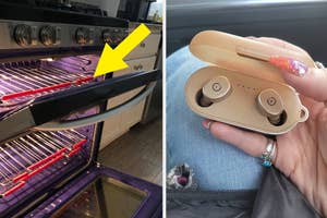 Left: Silicone oven rack shields. Right: Person holding open case with wireless earbuds inside