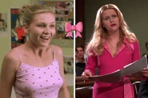 Elle Woods from Legally Blonde, in a courtroom with a paper; Phoebe Buffay from Friends, smiling in an apartment
