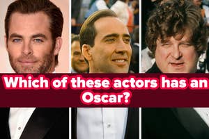 Three male actors with text asking which have an Oscar