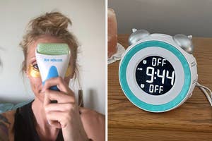 Person using an ice roller on their face; digital alarm clock displaying time on a nightstand