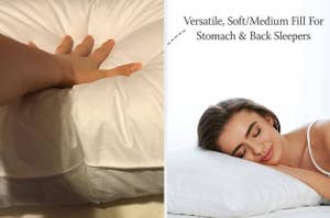 Woman sleeps on a medium-fill pillow suitable for stomach and back sleepers