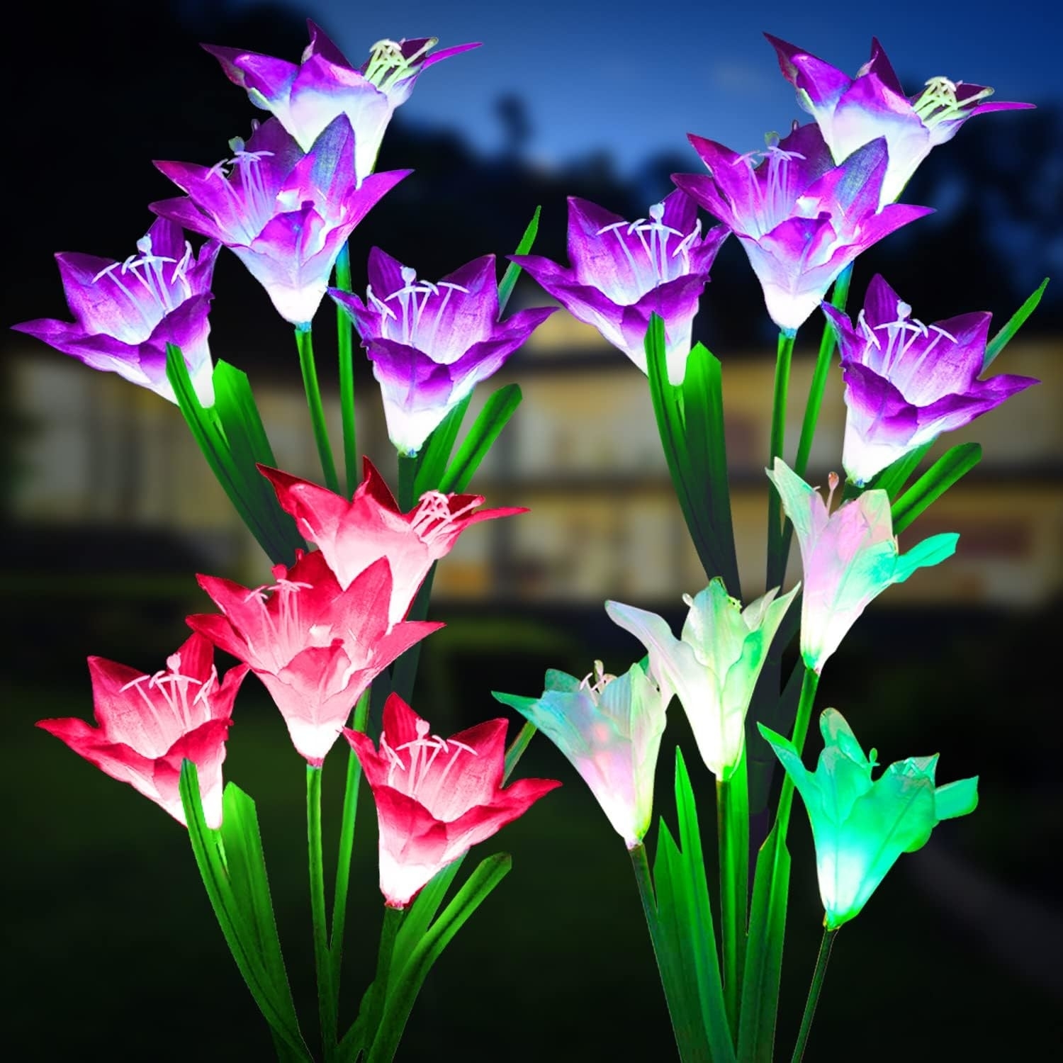 Solar-powered garden lights shaped like various colored lilies, displayed at night