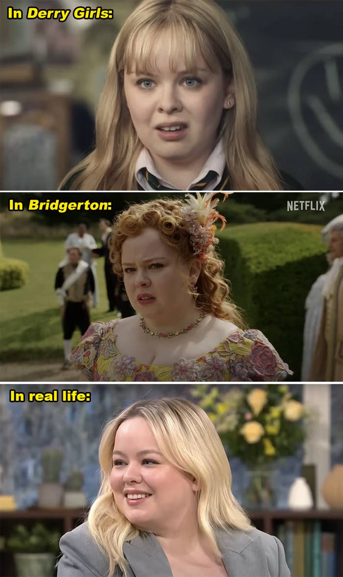 Actress Nicola Coughlan in three roles: schoolgirl, Regency-era lady, and as herself in an interview
