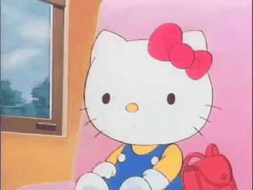 Personaje animado Hello Kitty sentada, con un lazo y mochila