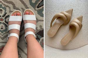 on left: reviewer wearing white sandals with strap design, on right: beige pointy-toe sandals