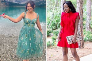 Person 1 in floral dress by lake, Person 2 in ruffled red dress with clutch outdoors