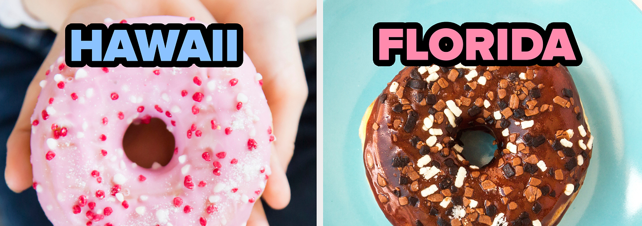 Two hands holding a pink-sprinkled donut labeled "HAWAII"; a blue plate with a chocolate donut labeled "FLORIDA"