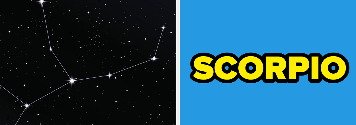 Constellation pattern of Scorpio on the left, the word "SCORPIO" on a blue background on the right
