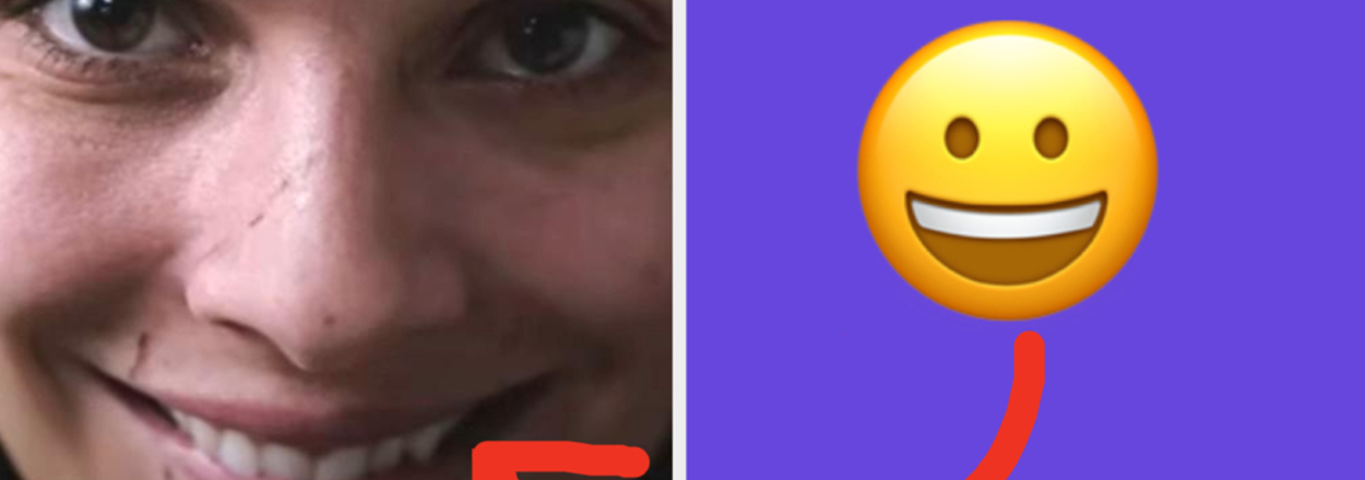 Split image with a smiling person on left and a similar smiling emoji on right