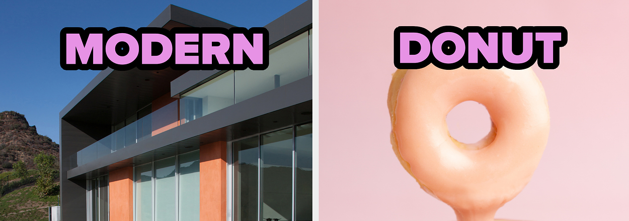 Left: Modern house with large windows and pool. Right: Donut balanced on a bowl's edge