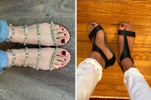 on left: reviewer wearing studded gladiator sandals, on right: reviewer wearing black Kenneth Cole wedges