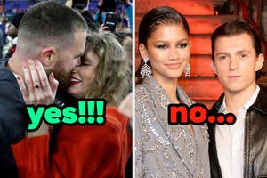 On the left, Taylor Swift and Travis Kelce embracing labeled yes, and on the right, Zendaya and Tom Holland labeled no
