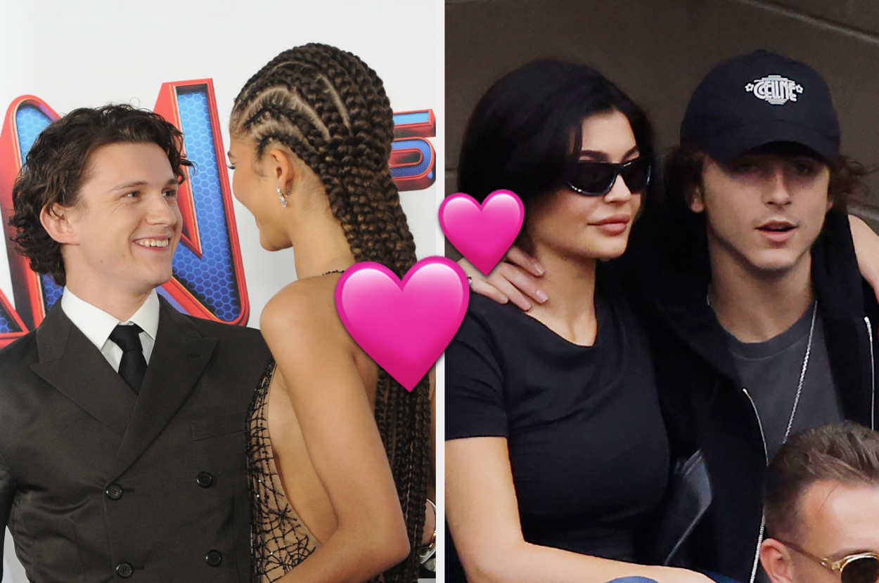 On the left, Tom Holland and Zendaya on the red carpet, and on the right, Kylie Jenner and Timothee Chalamet with heart emojis in between the two images