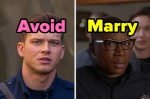 Split screen of two characters looking slightly confused with overlaid text "Avoid" and "Marry"