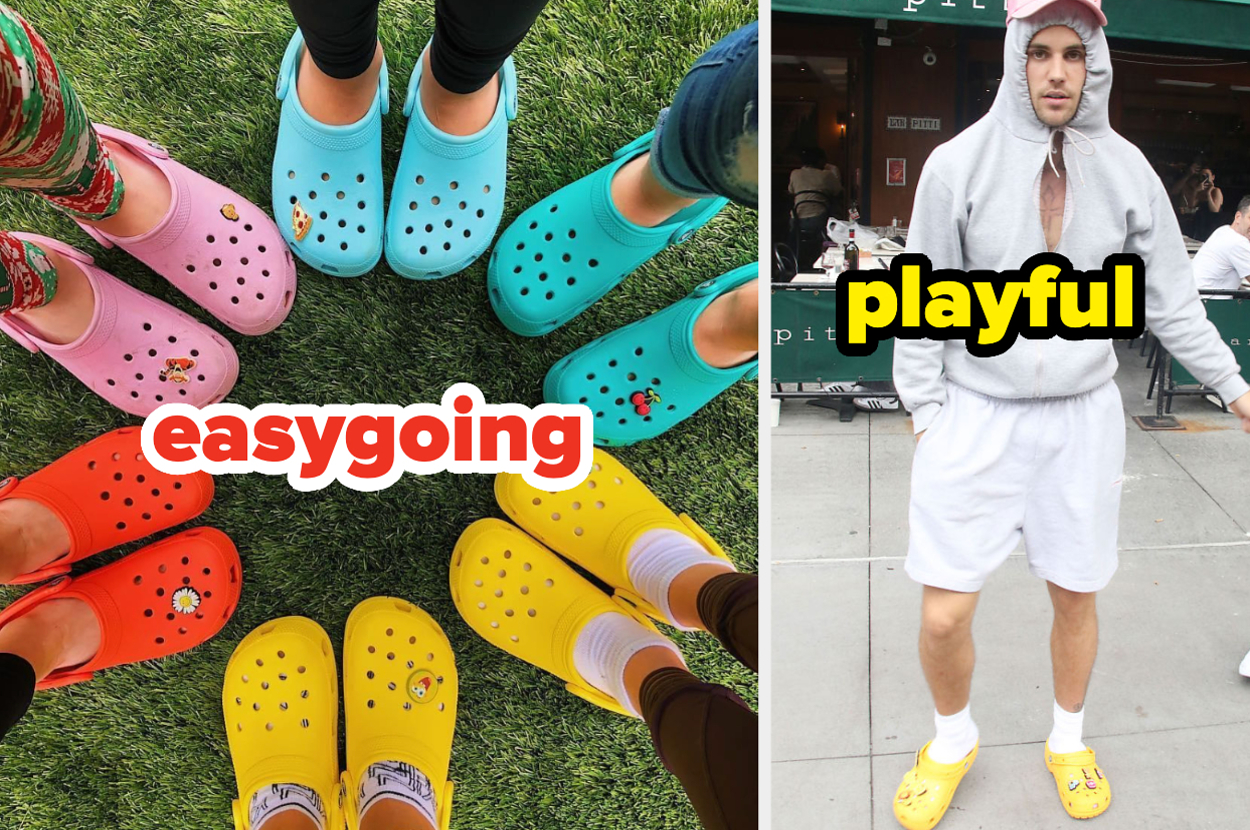 Five people wearing Crocs in various colors stand in a circle. Another person sports a white outfit with playful yellow Crocs