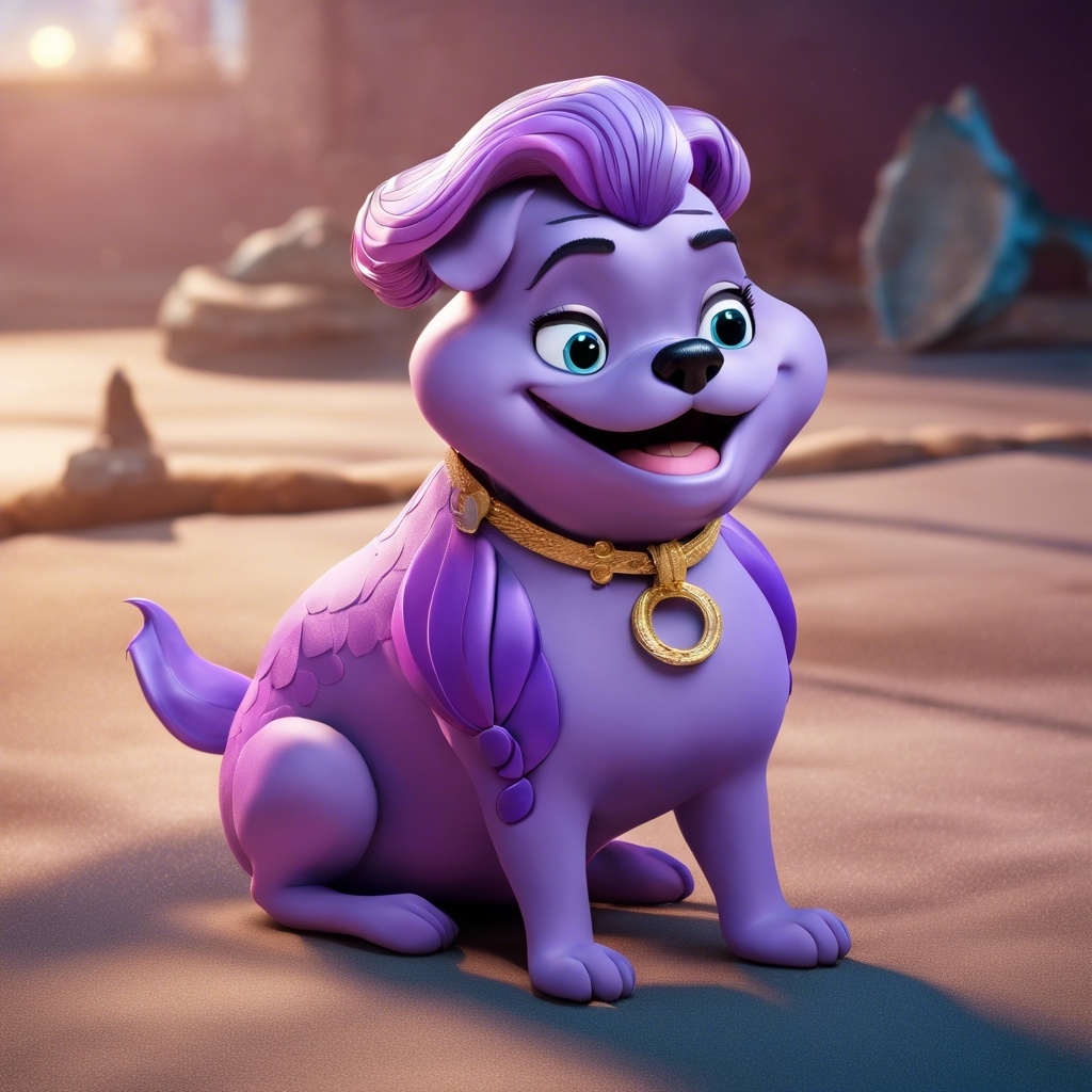 3D AI-generated Ursula as a dog, a smiling purple dog with a gold collar
