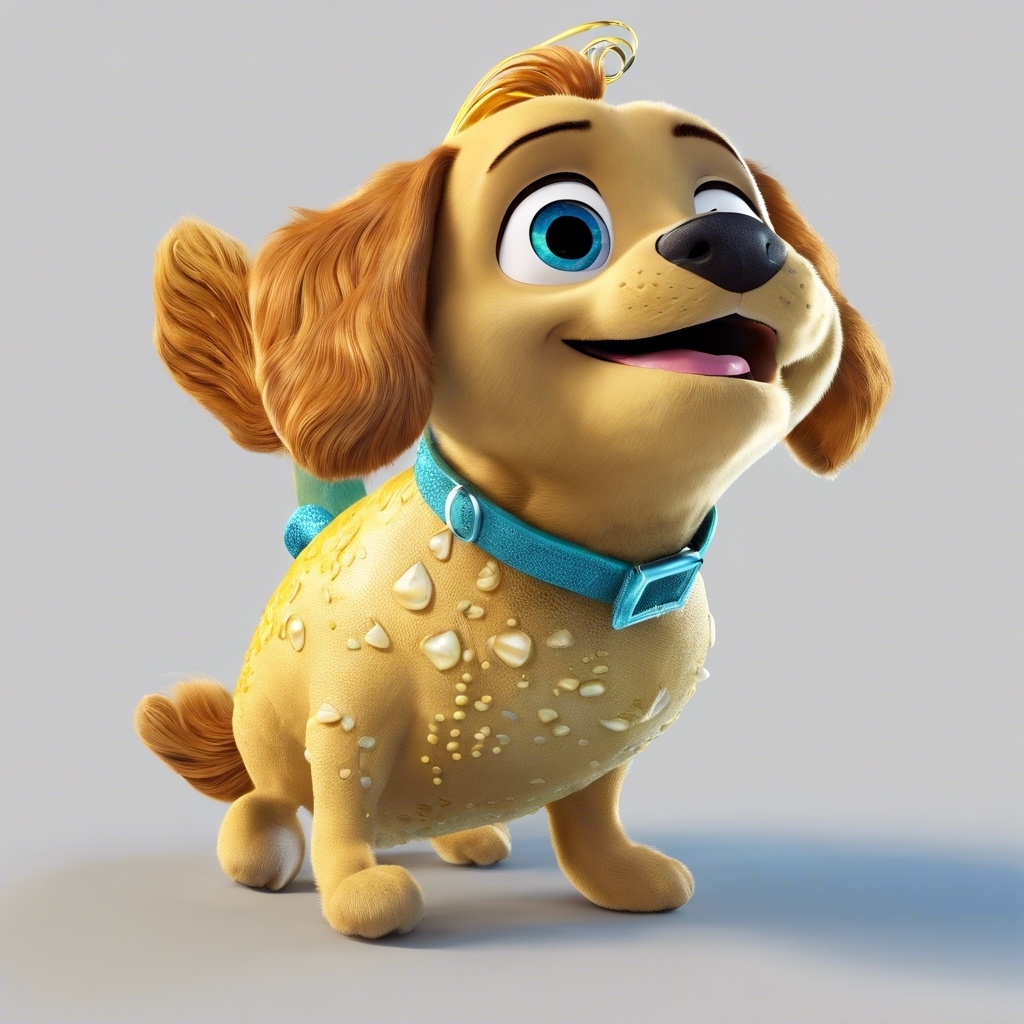 3d generated AI character, Flounder from The Little mermaid as a golden puppy with a blue collar, looking happy